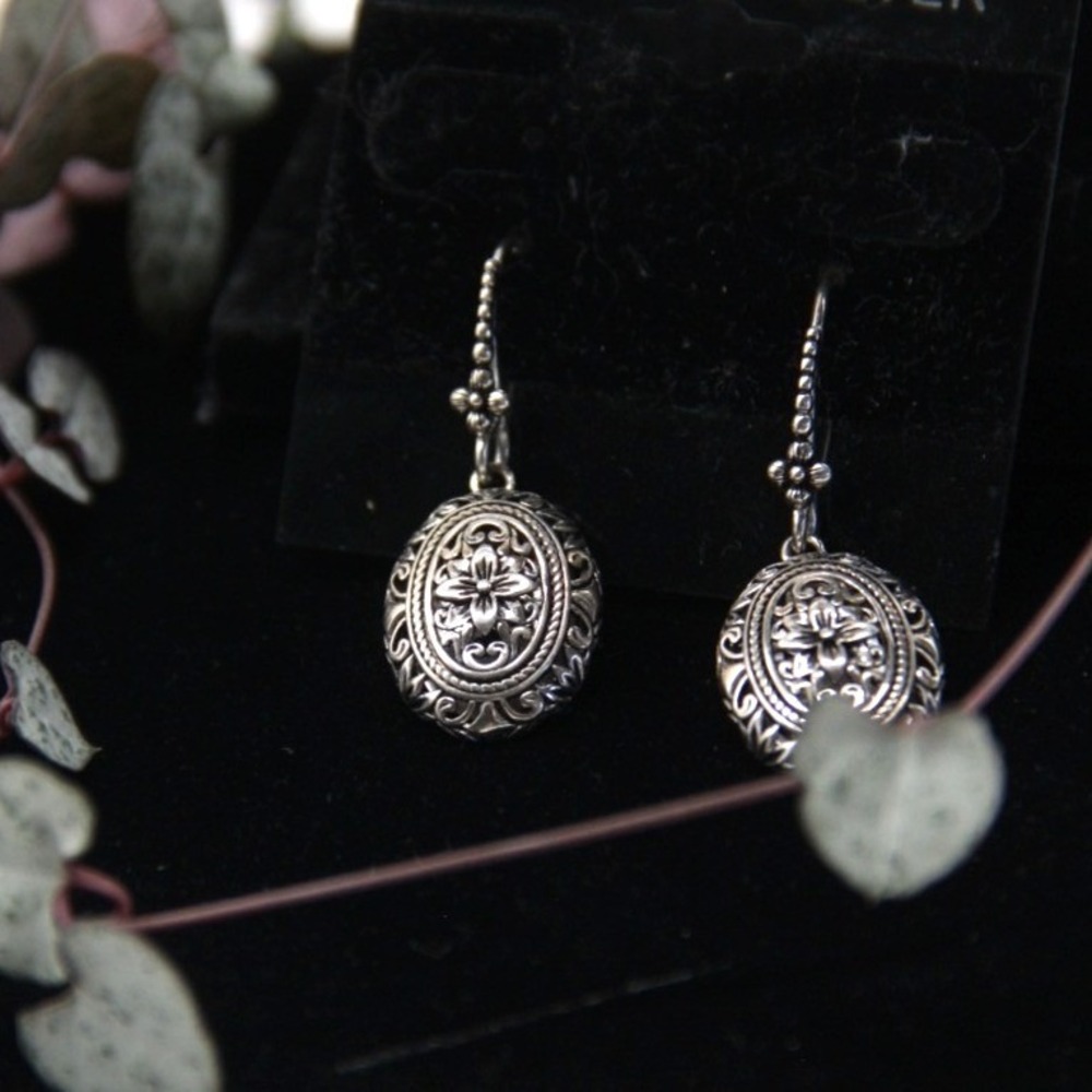 925 Sterling Silver Floral‎ Oval Medallion Drop Earrings Vintage Style Dangle